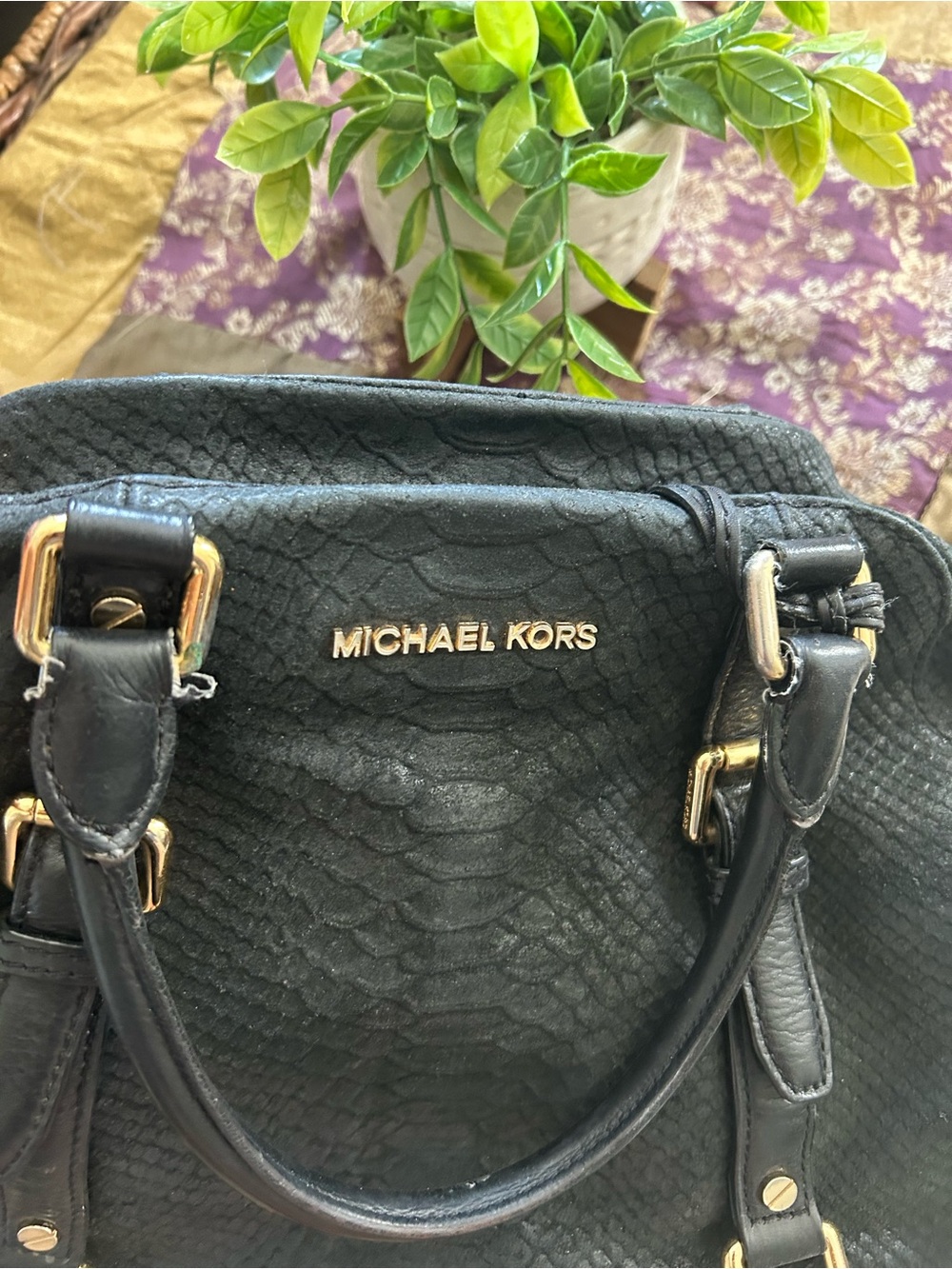 Michael Kors Black Textured Leather Shoulder Bag with Gold Hardware